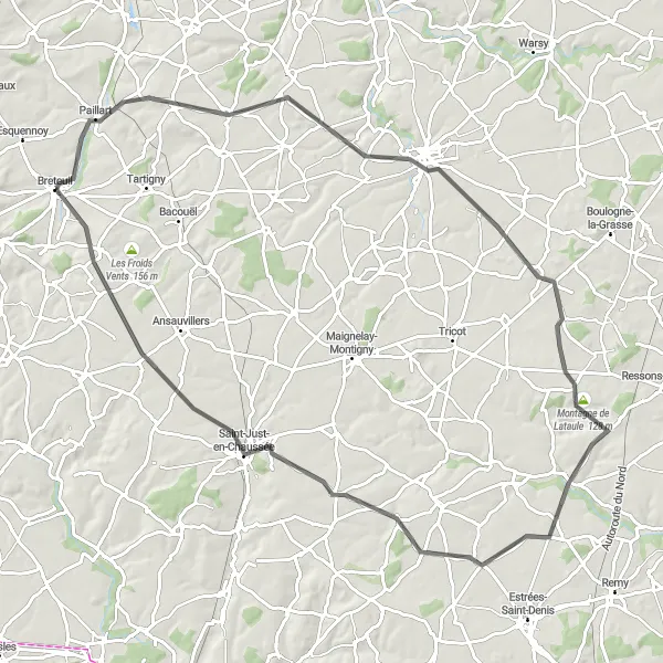 Map miniature of "Breteuil to Montdidier Circuit" cycling inspiration in Picardie, France. Generated by Tarmacs.app cycling route planner