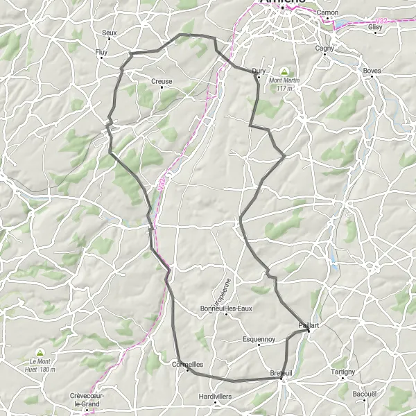 Map miniature of "Breteuil to Monsures Journey" cycling inspiration in Picardie, France. Generated by Tarmacs.app cycling route planner