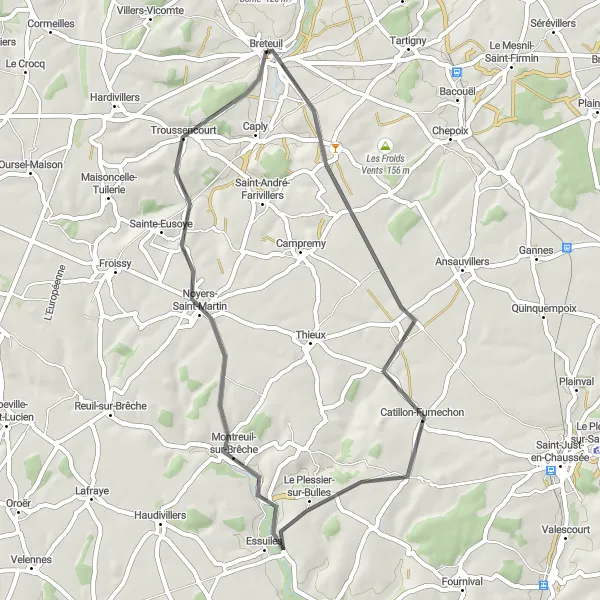 Miniature de la carte de l'inspiration cycliste "Boucle des Villages de l'Oise" dans la Picardie, France. Générée par le planificateur d'itinéraire cycliste Tarmacs.app