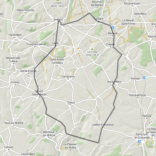 Map miniature of "Breteuil Loop" cycling inspiration in Picardie, France. Generated by Tarmacs.app cycling route planner