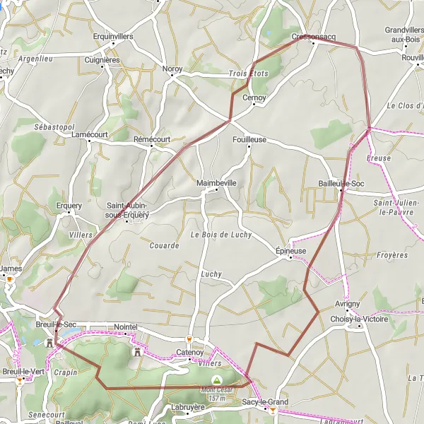 Miniature de la carte de l'inspiration cycliste "Les Chemins de Gravel de Breuil-le-Sec" dans la Picardie, France. Générée par le planificateur d'itinéraire cycliste Tarmacs.app