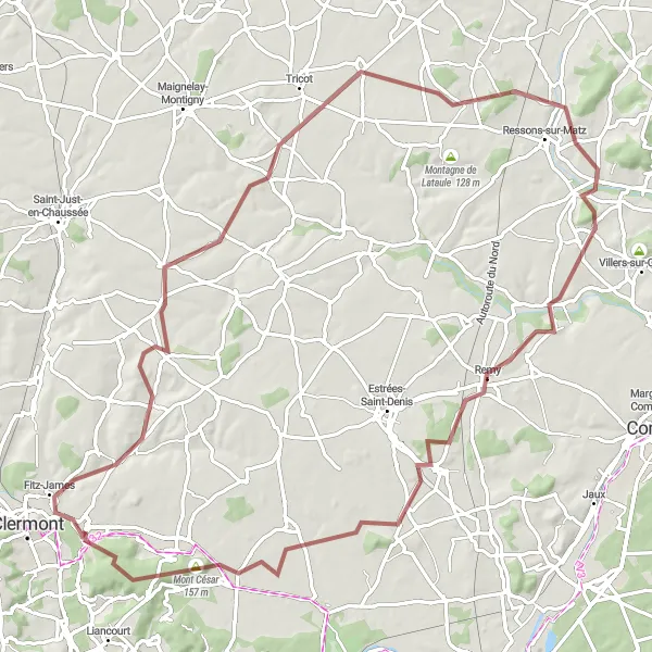 Miniature de la carte de l'inspiration cycliste "Le Tour des Collines en Gravel" dans la Picardie, France. Générée par le planificateur d'itinéraire cycliste Tarmacs.app