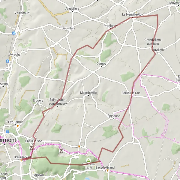 Miniature de la carte de l'inspiration cycliste "Boucle panoramique à partir de Breuil-le-Sec" dans la Picardie, France. Générée par le planificateur d'itinéraire cycliste Tarmacs.app