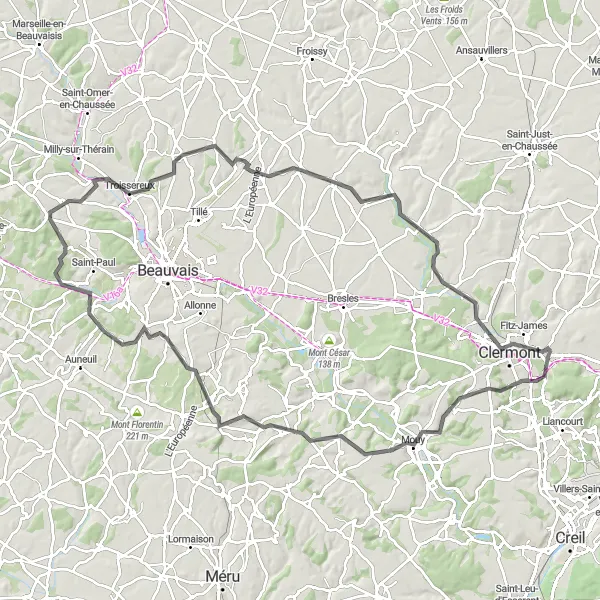 Map miniature of "Challenging Road Cycling Loop in Picardie" cycling inspiration in Picardie, France. Generated by Tarmacs.app cycling route planner