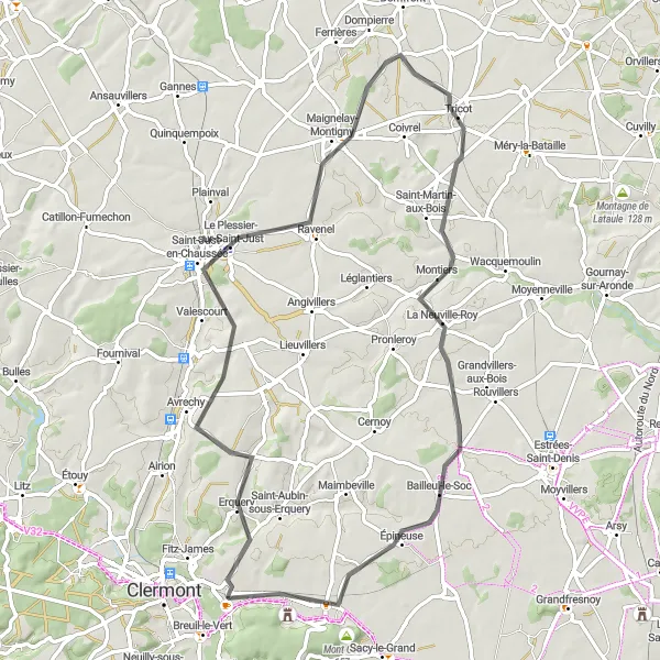 Miniature de la carte de l'inspiration cycliste "Les collines de Picardie" dans la Picardie, France. Générée par le planificateur d'itinéraire cycliste Tarmacs.app