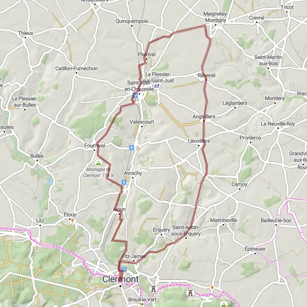 Miniature de la carte de l'inspiration cycliste "Tour de Clermont" dans la Picardie, France. Générée par le planificateur d'itinéraire cycliste Tarmacs.app