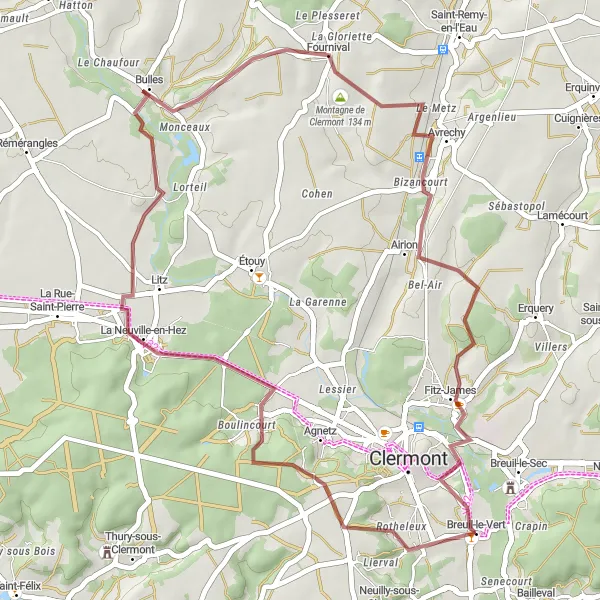 Miniature de la carte de l'inspiration cycliste "Les Collines de l'Oise" dans la Picardie, France. Générée par le planificateur d'itinéraire cycliste Tarmacs.app