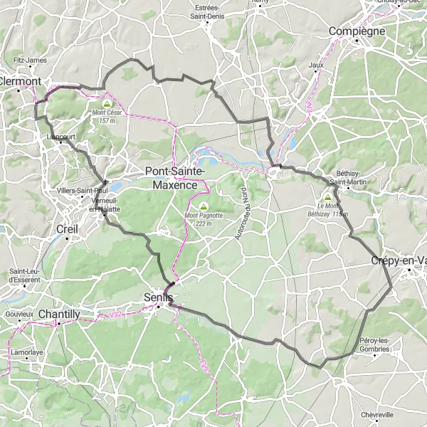Miniature de la carte de l'inspiration cycliste "Le Grand Tour de l'Oise" dans la Picardie, France. Générée par le planificateur d'itinéraire cycliste Tarmacs.app