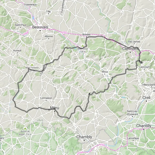 Miniature de la carte de l'inspiration cycliste "Parcours de Montreuil-sur-Thérain" dans la Picardie, France. Générée par le planificateur d'itinéraire cycliste Tarmacs.app