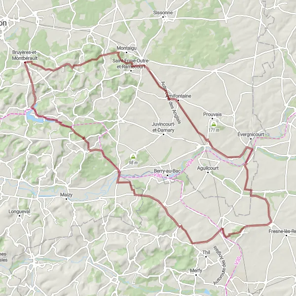 Miniature de la carte de l'inspiration cycliste "Circuit VTT autour de Bruyères-et-Montbérault" dans la Picardie, France. Générée par le planificateur d'itinéraire cycliste Tarmacs.app