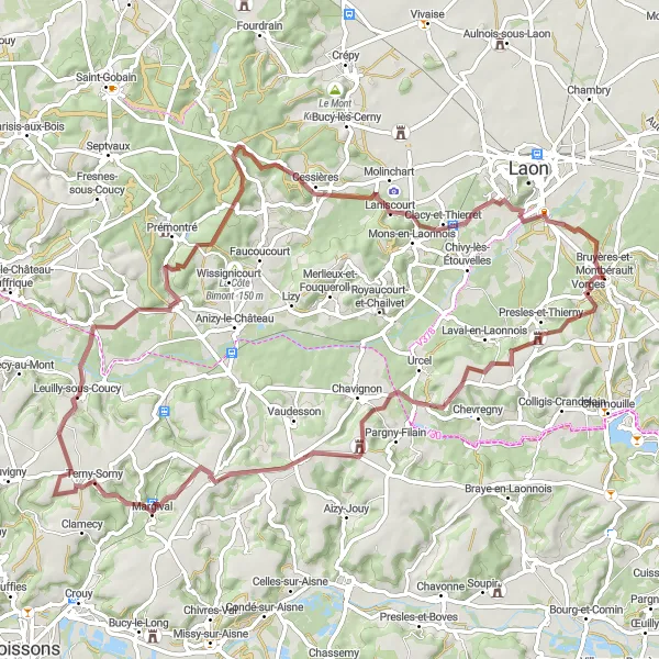 Miniature de la carte de l'inspiration cycliste "Parcours VTT à travers les collines de la Thiérache" dans la Picardie, France. Générée par le planificateur d'itinéraire cycliste Tarmacs.app