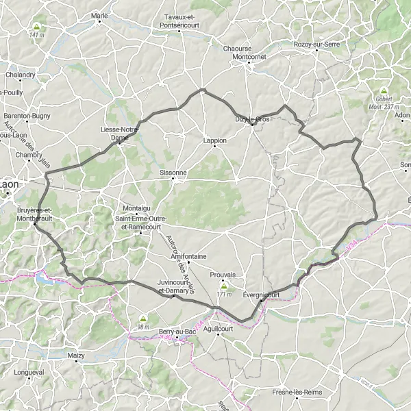 Map miniature of "Laon Route" cycling inspiration in Picardie, France. Generated by Tarmacs.app cycling route planner