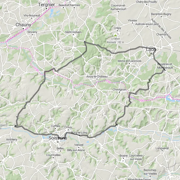 Miniature de la carte de l'inspiration cycliste "Boucle autour de Bruyères-et-Montbérault" dans la Picardie, France. Générée par le planificateur d'itinéraire cycliste Tarmacs.app