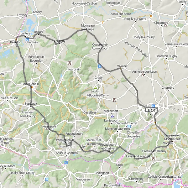 Miniature de la carte de l'inspiration cycliste "Boucle panoramique autour de Bruyères-et-Montbérault" dans la Picardie, France. Générée par le planificateur d'itinéraire cycliste Tarmacs.app