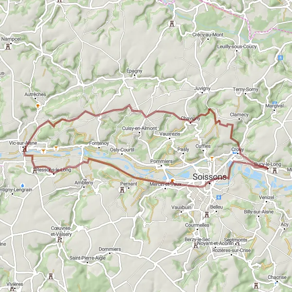 Miniature de la carte de l'inspiration cycliste "Exploration de la vallée de l'Ourcq" dans la Picardie, France. Générée par le planificateur d'itinéraire cycliste Tarmacs.app