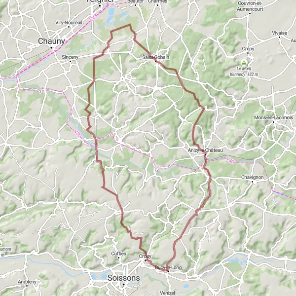 Miniature de la carte de l'inspiration cycliste "Aventure en gravel à Amigny-Rouy" dans la Picardie, France. Générée par le planificateur d'itinéraire cycliste Tarmacs.app