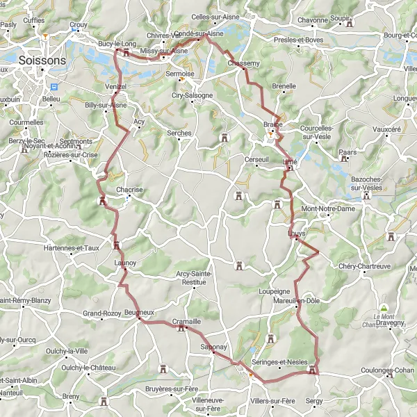 Miniature de la carte de l'inspiration cycliste "Escapade dans l'Aisne historique" dans la Picardie, France. Générée par le planificateur d'itinéraire cycliste Tarmacs.app