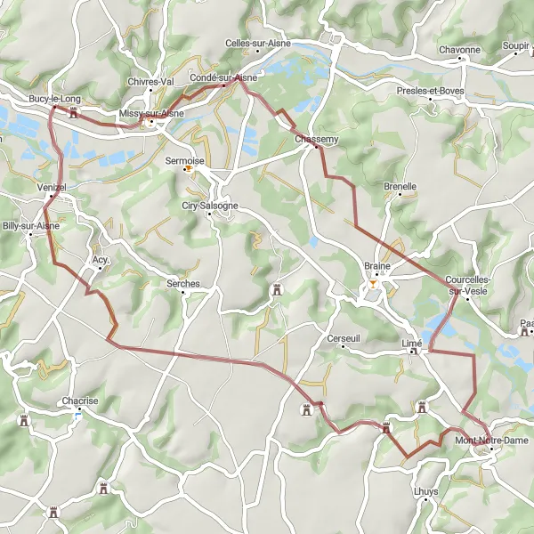 Miniature de la carte de l'inspiration cycliste "L'Escapade Nature en Gravel" dans la Picardie, France. Générée par le planificateur d'itinéraire cycliste Tarmacs.app