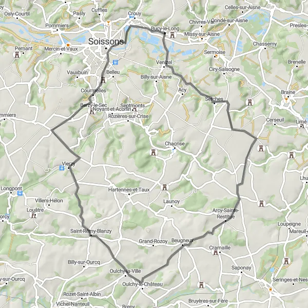 Miniature de la carte de l'inspiration cycliste "Les Trésors Cachés de l'Aisne" dans la Picardie, France. Générée par le planificateur d'itinéraire cycliste Tarmacs.app