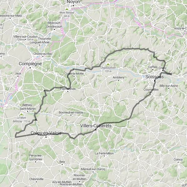 Miniature de la carte de l'inspiration cycliste "La Route des Châteaux et Manoirs" dans la Picardie, France. Générée par le planificateur d'itinéraire cycliste Tarmacs.app