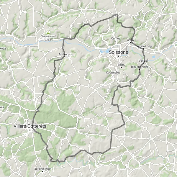 Miniature de la carte de l'inspiration cycliste "Parcours panoramique de la Crise à l'Ourcq" dans la Picardie, France. Générée par le planificateur d'itinéraire cycliste Tarmacs.app