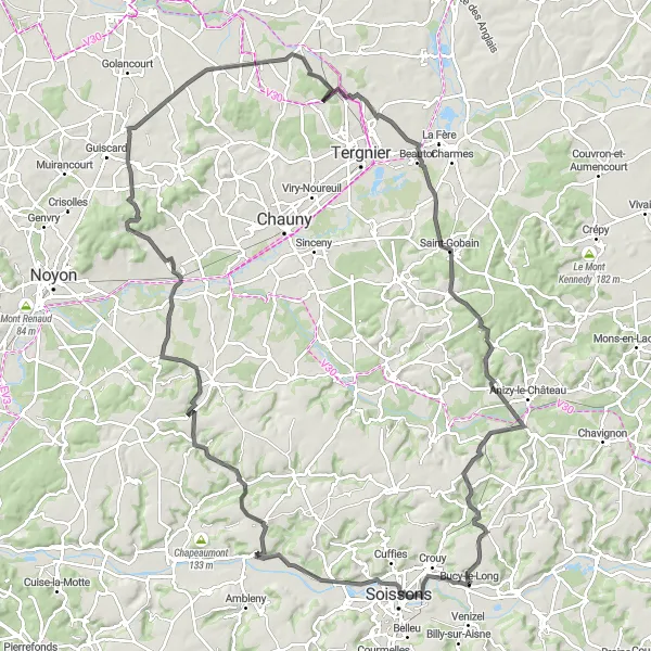 Miniature de la carte de l'inspiration cycliste "Le Tour des Vallées" dans la Picardie, France. Générée par le planificateur d'itinéraire cycliste Tarmacs.app