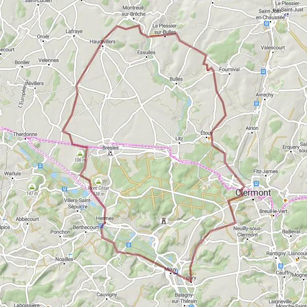 Map miniature of "Challenging Gravel Ride through Bury" cycling inspiration in Picardie, France. Generated by Tarmacs.app cycling route planner