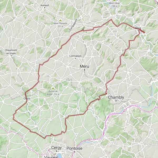 Miniature de la carte de l'inspiration cycliste "Aventure à vélo à travers le Vexin" dans la Picardie, France. Générée par le planificateur d'itinéraire cycliste Tarmacs.app