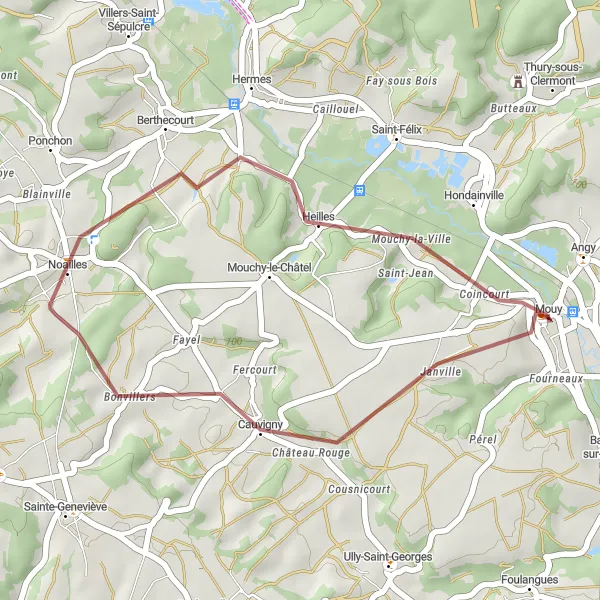 Miniature de la carte de l'inspiration cycliste "Circuit autour de Mouy en gravel" dans la Picardie, France. Générée par le planificateur d'itinéraire cycliste Tarmacs.app