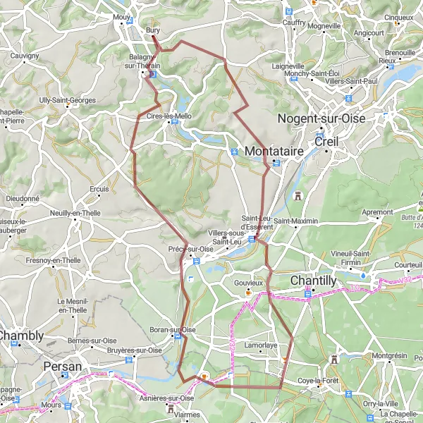 Map miniature of "Scenic Gravel Route to Thiverny" cycling inspiration in Picardie, France. Generated by Tarmacs.app cycling route planner