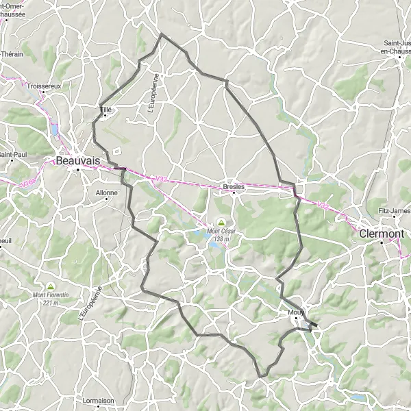 Map miniature of "The Road Less Traveled: Cauvigny to Mouy" cycling inspiration in Picardie, France. Generated by Tarmacs.app cycling route planner