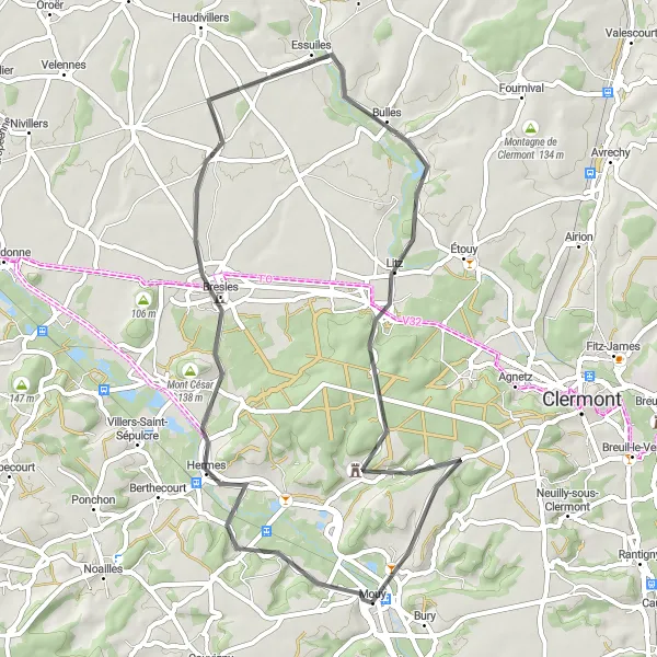 Miniature de la carte de l'inspiration cycliste "Boucle autour de Mouy en route" dans la Picardie, France. Générée par le planificateur d'itinéraire cycliste Tarmacs.app