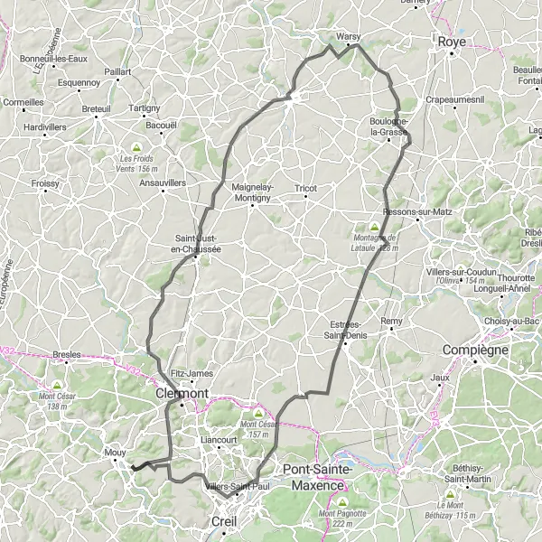 Miniature de la carte de l'inspiration cycliste "Tour de Clermont en route" dans la Picardie, France. Générée par le planificateur d'itinéraire cycliste Tarmacs.app