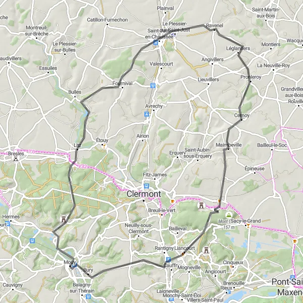 Miniature de la carte de l'inspiration cycliste "Boucle à vélo sur les routes de Picardie" dans la Picardie, France. Générée par le planificateur d'itinéraire cycliste Tarmacs.app