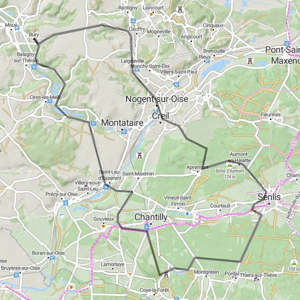 Miniature de la carte de l'inspiration cycliste "Exploration entre Creil et Senlis en route" dans la Picardie, France. Générée par le planificateur d'itinéraire cycliste Tarmacs.app