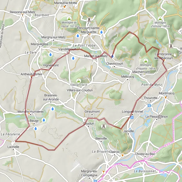 Map miniature of "Scenic Gravel Cycling Route" cycling inspiration in Picardie, France. Generated by Tarmacs.app cycling route planner