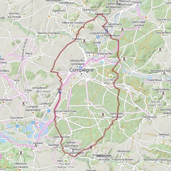 Miniature de la carte de l'inspiration cycliste "Parcours gravel de Machemont à Mélicocq" dans la Picardie, France. Générée par le planificateur d'itinéraire cycliste Tarmacs.app