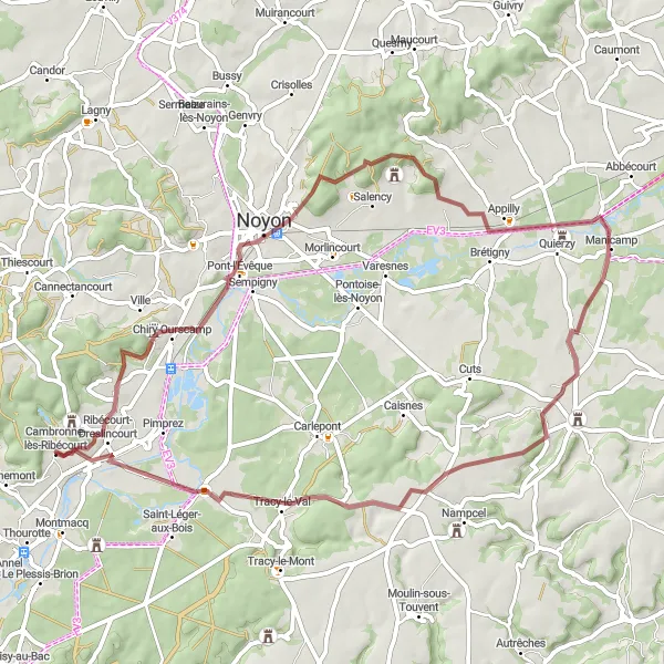 Map miniature of "Adventurous Gravel Cycling Route" cycling inspiration in Picardie, France. Generated by Tarmacs.app cycling route planner