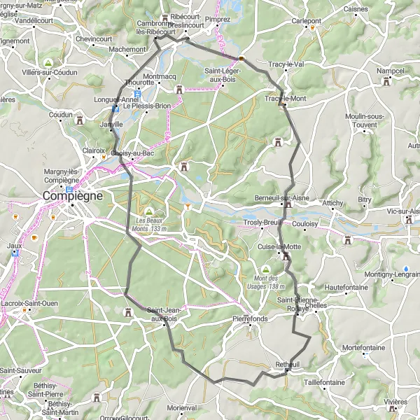 Miniature de la carte de l'inspiration cycliste "Boucle en vélo de route vers Saint-Jean-aux-Bois" dans la Picardie, France. Générée par le planificateur d'itinéraire cycliste Tarmacs.app