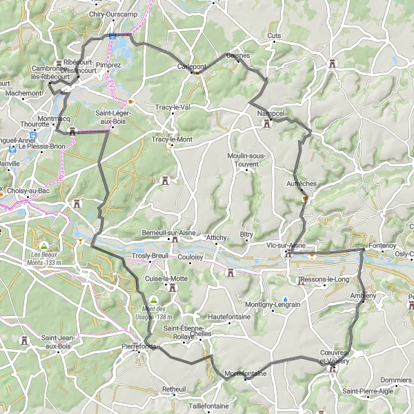 Miniature de la carte de l'inspiration cycliste "Parcours en boucle avec vue panoramique près de Cambronne-lès-Ribécourt" dans la Picardie, France. Générée par le planificateur d'itinéraire cycliste Tarmacs.app