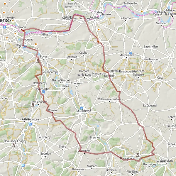 Miniature de la carte de l'inspiration cycliste "Tour de Villers-Bretonneux - Cottenchy" dans la Picardie, France. Générée par le planificateur d'itinéraire cycliste Tarmacs.app