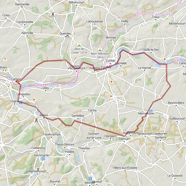 Miniature de la carte de l'inspiration cycliste "Itinéraire Daours - Boves" dans la Picardie, France. Générée par le planificateur d'itinéraire cycliste Tarmacs.app