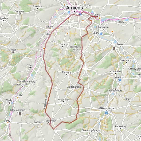 Miniature de la carte de l'inspiration cycliste "Le Circuit des Collines (Gravel)" dans la Picardie, France. Générée par le planificateur d'itinéraire cycliste Tarmacs.app