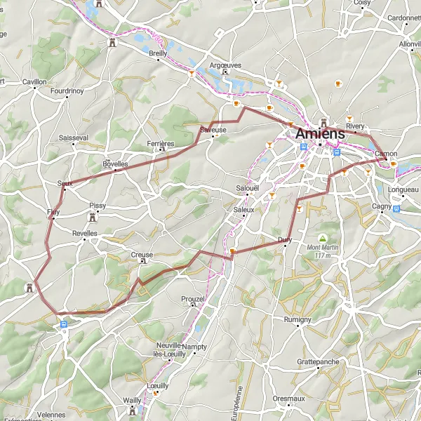 Miniature de la carte de l'inspiration cycliste "La Boucle de Mont Robert (Gravel)" dans la Picardie, France. Générée par le planificateur d'itinéraire cycliste Tarmacs.app
