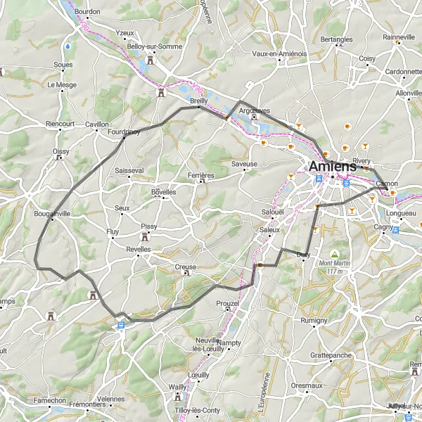 Miniature de la carte de l'inspiration cycliste "La Boucle de Mont Robert" dans la Picardie, France. Générée par le planificateur d'itinéraire cycliste Tarmacs.app