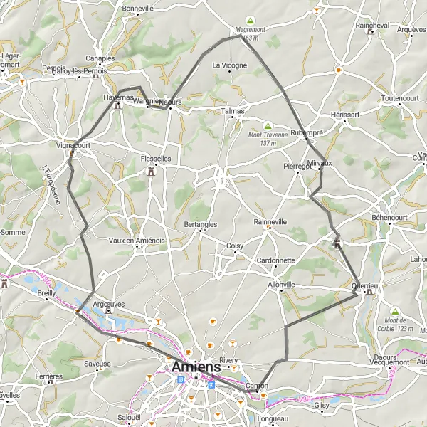 Miniature de la carte de l'inspiration cycliste "Le Tour des Viviers" dans la Picardie, France. Générée par le planificateur d'itinéraire cycliste Tarmacs.app