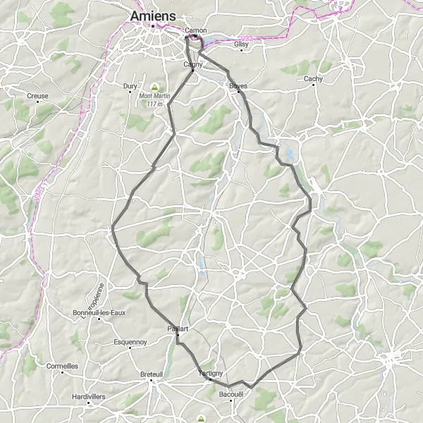 Miniature de la carte de l'inspiration cycliste "Boucle de Longueau - Sains-en-Amiénois" dans la Picardie, France. Générée par le planificateur d'itinéraire cycliste Tarmacs.app