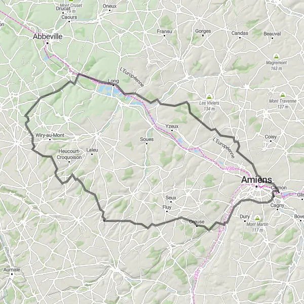Miniature de la carte de l'inspiration cycliste "Circuit Saleux - Rivery" dans la Picardie, France. Générée par le planificateur d'itinéraire cycliste Tarmacs.app