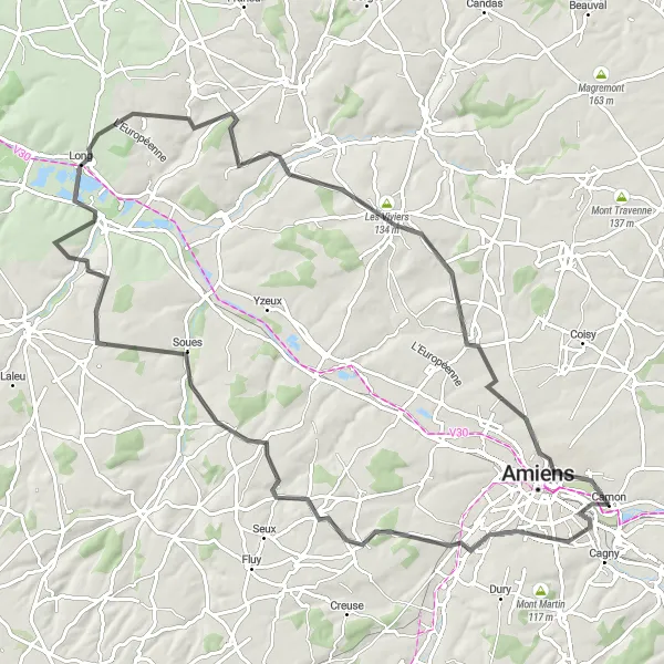 Miniature de la carte de l'inspiration cycliste "Le Grand Tour d'Amiens" dans la Picardie, France. Générée par le planificateur d'itinéraire cycliste Tarmacs.app