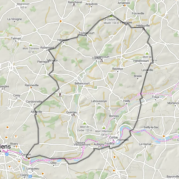 Miniature de la carte de l'inspiration cycliste "Boucle Allonville - Camon" dans la Picardie, France. Générée par le planificateur d'itinéraire cycliste Tarmacs.app